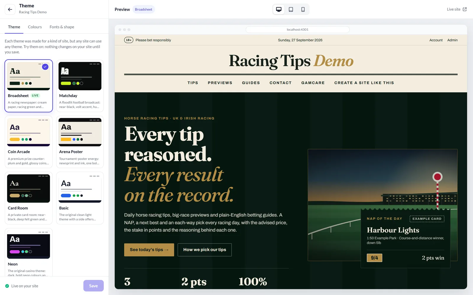 The theme editor: seven themes, colours and fonts, previewed live on the real home page